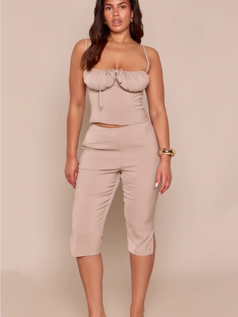 Women's Beige Cropped High-Waist Capri Pants
